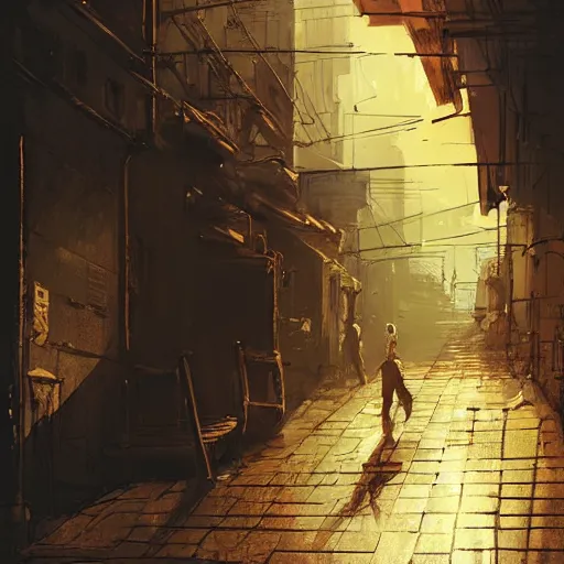 Image similar to a dirty alleyway at sunset, dramatic lighting, illustration by Greg rutkowski, yoji shinkawa, 4k, golden hour, digital art, concept art, trending on artstation