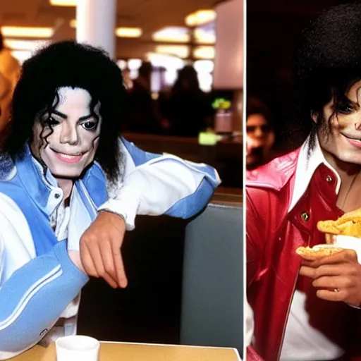 Image similar to Michael Jackson having lunch with Prince at a McDonald's, flash photography, high resolution, 8k