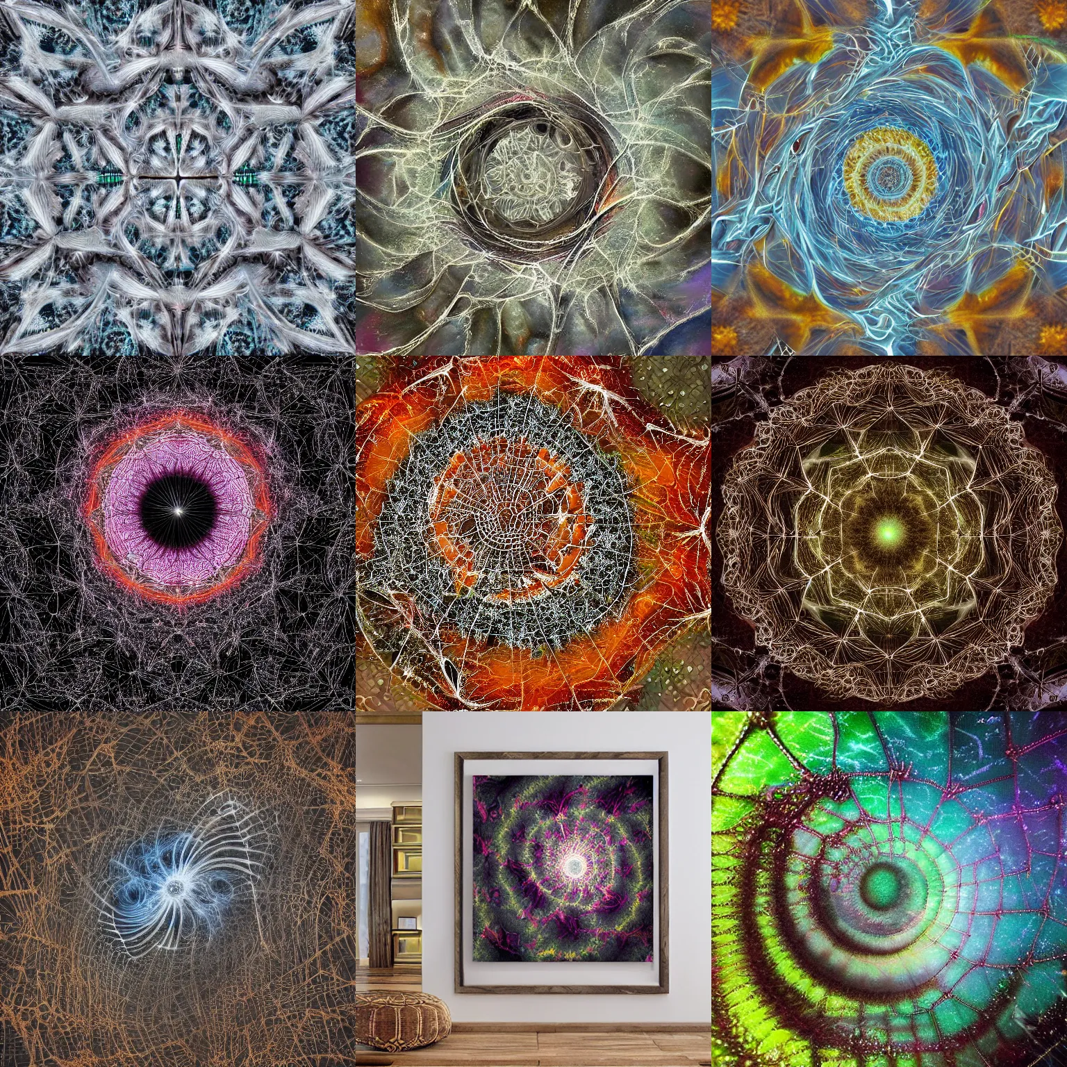 Prompt: fractal spiderweb spirals crossed with spiral galaxy images with infinite depth and detail, high quality photorealistic art