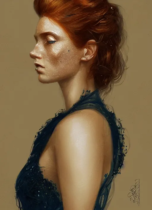 Prompt: portrait of a woman with green eyes and freckles, dressed in a navy blue gown with gold embroidered details, auburn hair, detailed face, fantasy, highly detailed, cinematic lighting, digital art painting by greg rutkowski