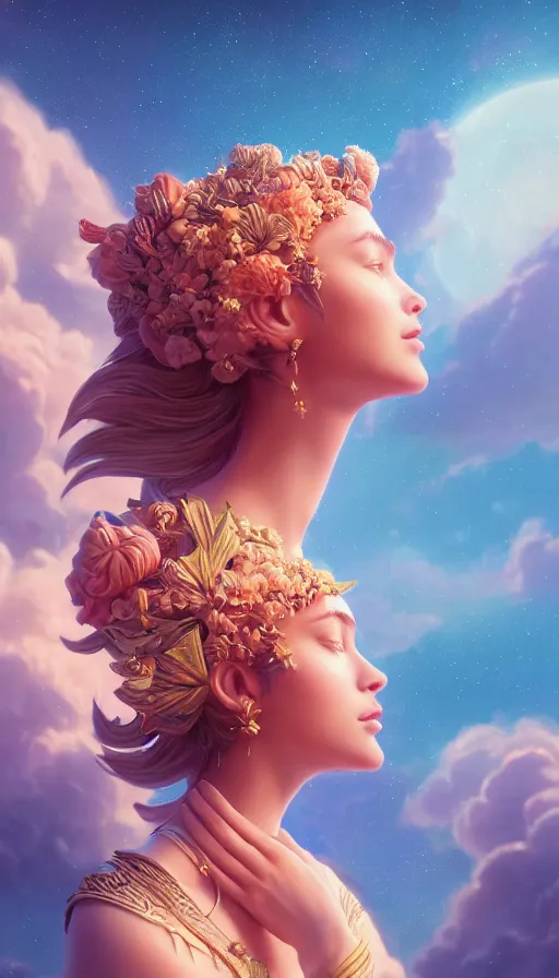 Image similar to a beautiful goddesses, profile, planets, sky, dream, highly detailed, digital painting, refreshing, trending on artstation, octane render, hyper realistic, illustration by james jean