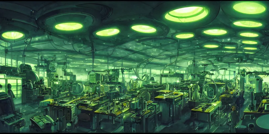 Prompt: interior of a scifi mechanical laboratory, green light, cluttered with machinery and mechanical equipment, artificial intelligence, parabolic lighting, epic composition, wide angle, by miyazaki, nausicaa ghibli, breathe of the wild