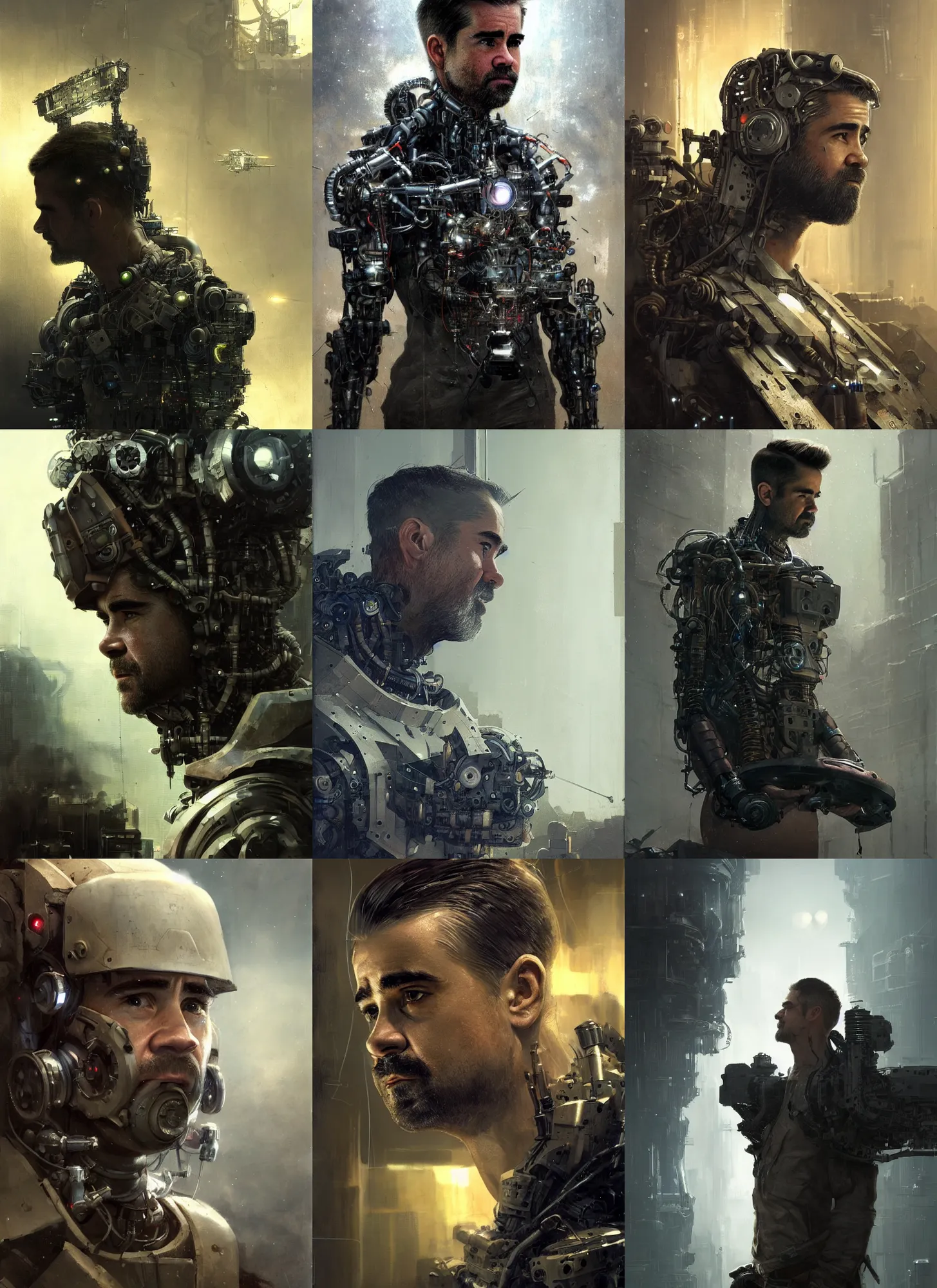 Prompt: a rugged engineer colin farrell boy with cybernetic enhancements working assembling a satellite, scifi character portrait by greg rutkowski, esuthio, craig mullins, 1 / 4 headshot, cinematic lighting, dystopian scifi gear, gloomy, profile picture, mechanical, half robot, implants, steampunk