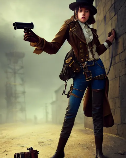 Image similar to Young girl in steampunk clothes, she wears boots and holds a gun, full body shot, sharp focus, photography, very detailed, dark hair, octane render, by greg rutkowski, by nikon, by Iphone, 4k