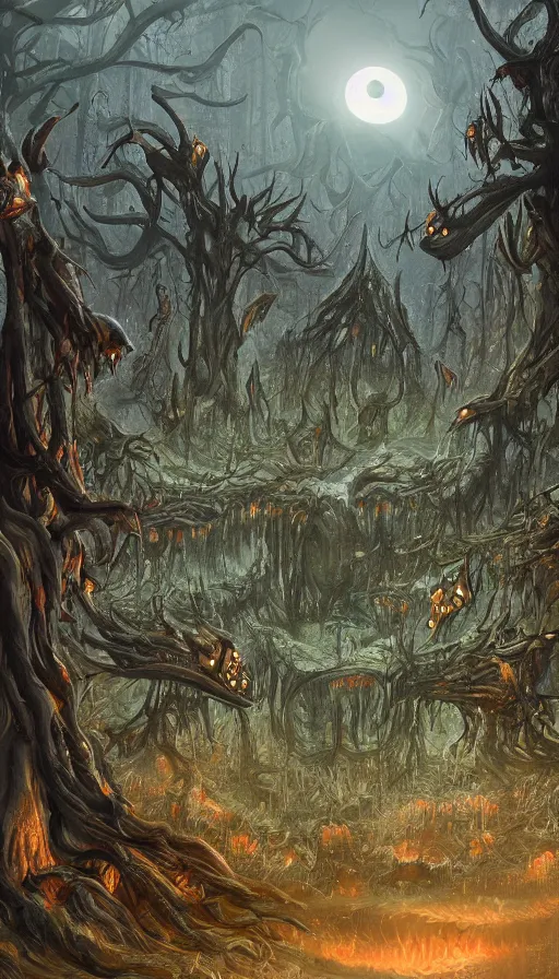 Image similar to a storm vortex made of many demonic eyes and teeth over a forest, by disney concept artists