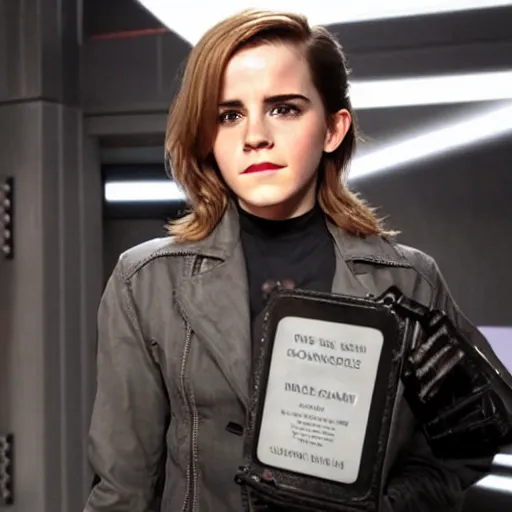 Prompt: Emma Watson as Sarah Conner in a Terminator 2 skit. soft studio lighting, award-winning SNL skit.