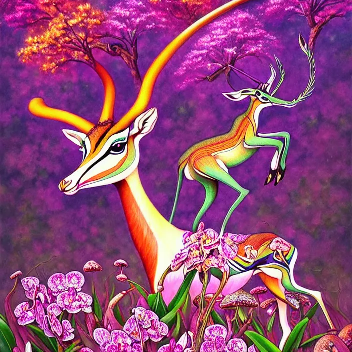 Image similar to extremely psychedelic gazelle made of orchid and cherry blossom tree and mushroom, LSD, diffuse lighting, fantasy, intricate, elegant, highly detailed, lifelike, photorealistic, digital painting, artstation, illustration, concept art, smooth, sharp focus, art by John Collier and Albert Aublet and Krenz Cushart and Artem Demura and Alphonse Mucha