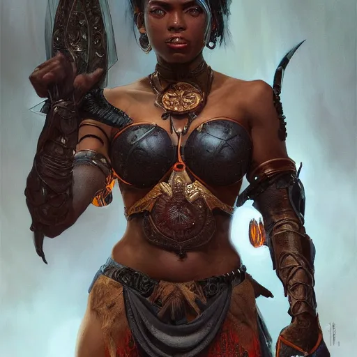 Image similar to portrait of a beautiful blackwomen devil warrior MTG iluustration, demon hunter ,intricate, headshot, highly detailed, digital painting, artstation, concept art, cinematic lighting, illustration, art by artgerm and greg rutkowski, alphonse mucha, cgsociety, science fiction