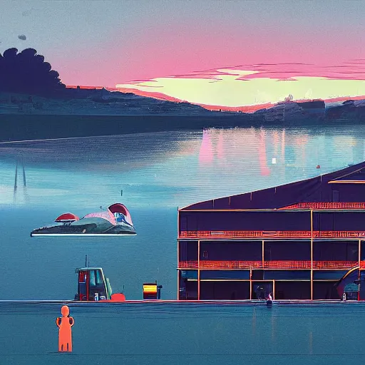 Image similar to yachting club by simon stalenhag