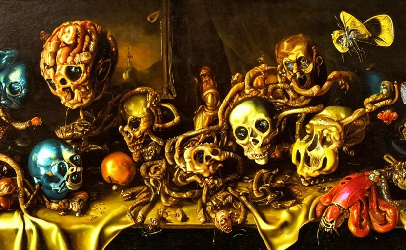 Image similar to disturbing colorful oil painting dutch golden age vanitas still life with bizarre recursive humanoid faces strange objects shiny gooey surfaces shiny metal bizarre insects rachel ruysch dali todd schorr very detailed perfect composition rule of thirds masterpiece canon 5 0 mm, cinematic lighting, chiaroscuro