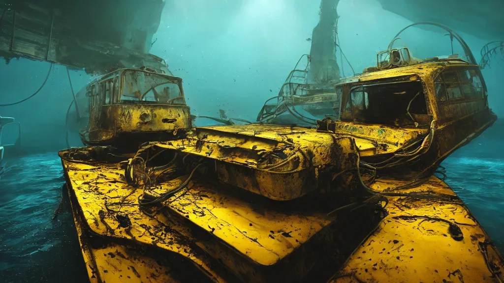 Image similar to a photorealistic dramatic hyperrealistic underwater render of an deep sea habitat, ultra realistic details, glossy yellow, well worn, rust, oil stains designed by vitaly bulgarov and mike nash, beautiful dramatic dark moody tones and lighting, cinematic atmosphere, global illumination, shadows, dark background, octane render, 8 k