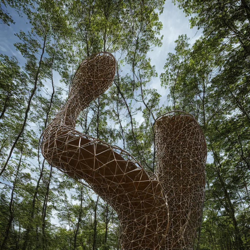 Prompt: Hyper realistic, helix shaped observation tower made by corten in forest, Future design, wide angle shot, architecture design, parametric architecture, covers by textile, environment, morning light, Cinematography, mega scans, cinematic, hyper realistic, photo real, cinematic composition, highly detailed, vray, 8k render