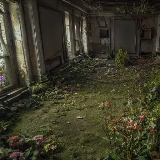 Image similar to abandoned garden inside a dark mansion, dead flowers, realistic, highly detailed, hd, unreal engine, background of resident evil game, guillermo del toro