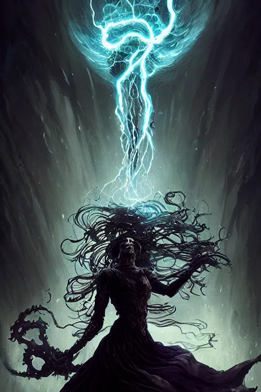 Image similar to Beautiful Eldritch Goddess of Black Lightning Attacking a Riverside Town, digital art, fantasy, magic, trending on artstation, illustration by Seb McKinnon and Peter Mohrbacher, ultra detailed, atmospheric, powerful presence, bossfight, darksouls, grand finale, explosive entrance, final battle, cutscene, cinematic lighting, unleashing the power of the flame, burning pulse, close-up