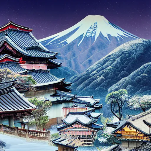 Prompt: photo realistic landscape of a Japanese village in the mountains, snow peaks. Dragon flying by