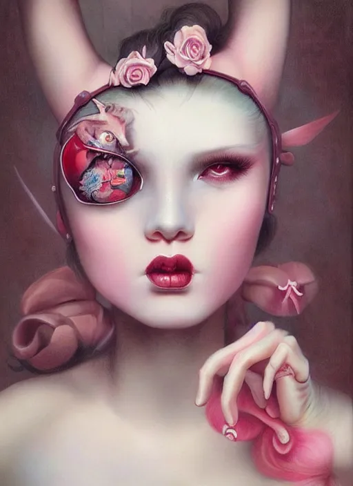 Image similar to pop surrealism, lowbrow art, realistic seductive cute woman painting, pink body harness, hyper realism, muted colours, rococo, natalie shau, loreta lux, tom bagshaw, mark ryden, trevor brown style,