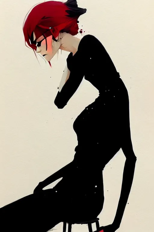 Image similar to a ultradetailed beautiful panting of a stylish woman in a black dress sitting, by conrad roset, greg rutkowski and makoto shinkai trending on artstation