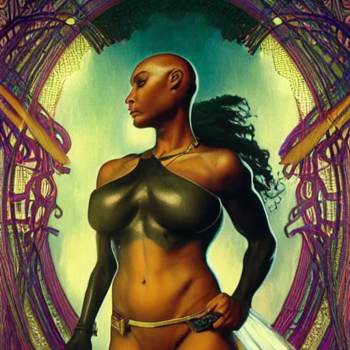 Prompt: aethetic black woman, bald, wearing a scale mail bikini, riding a horse in the mountains on a dark and stormy night, lightening, rtx rendering, octane render 1 2 8 k, maya, extreme high intricate details by wlop, medium shot, composition by by frank frazetta and alphonse mucha, oil on canvas, bright colors, art nouveau