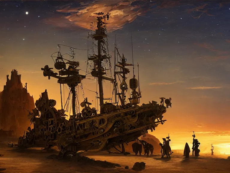 Image similar to an oil painting of an ancient dieselpunk ship in the middle of an alien desert at dusk, aurora and stars light up the sky by carl spitzweg and tuomas korpi. baroque elements, full-length view. baroque element. intricate artwork by caravaggio. Trending on artstation. 8k