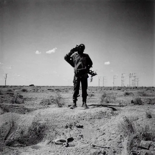 Prompt: portrait of irradiated post apocalyptic nuclear wasteland 1950s future black and white award winning photo highly detailed Arriflex 35 II, lighting by stanley kubrick