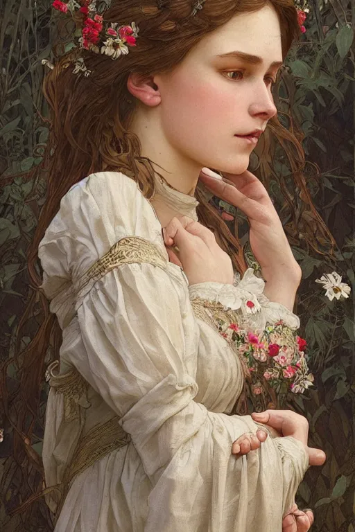 Image similar to beautiful cottagecore peasant maiden, intricate, elegant, highly detailed, digital painting, artstation, concept art, smooth, sharp focus, illustration, art by artgerm and greg rutkowski and alphonse mucha