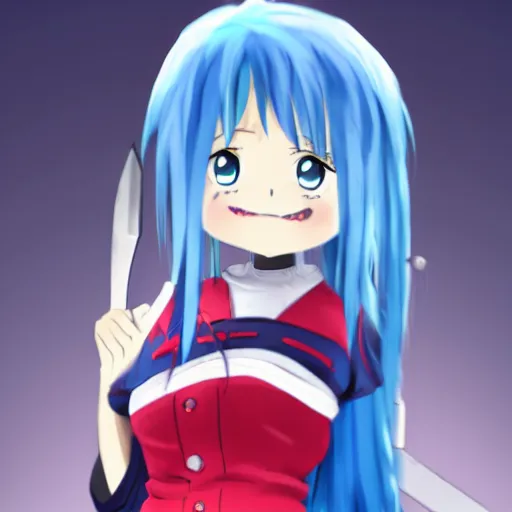 Image similar to anime girl with fark blue hair with a red streak, she is smiling, confident, wearing a school uniform, you can see her belly the top has anime demon eyes, she wear sneakers and she is holding a giant iron red half scissor