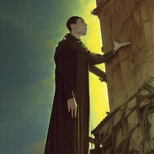 Prompt: A frightened young, thin and stern catholic priest in his thirties fervently praying as he is about to die from the ominous terrifying Lovecraftian yellow shadow descending upon him from the night sky. He is at the top of a medieval tower. Low angle, dramatic lighting. Art by Greg Rutkowski and Alphonse Mucha but as a photograph