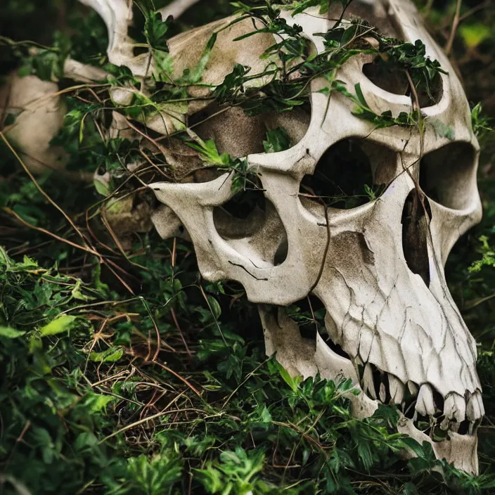 Image similar to overgrown foliage on a wolf skull, close - up, beautiful, lens flare, emotional, sweet