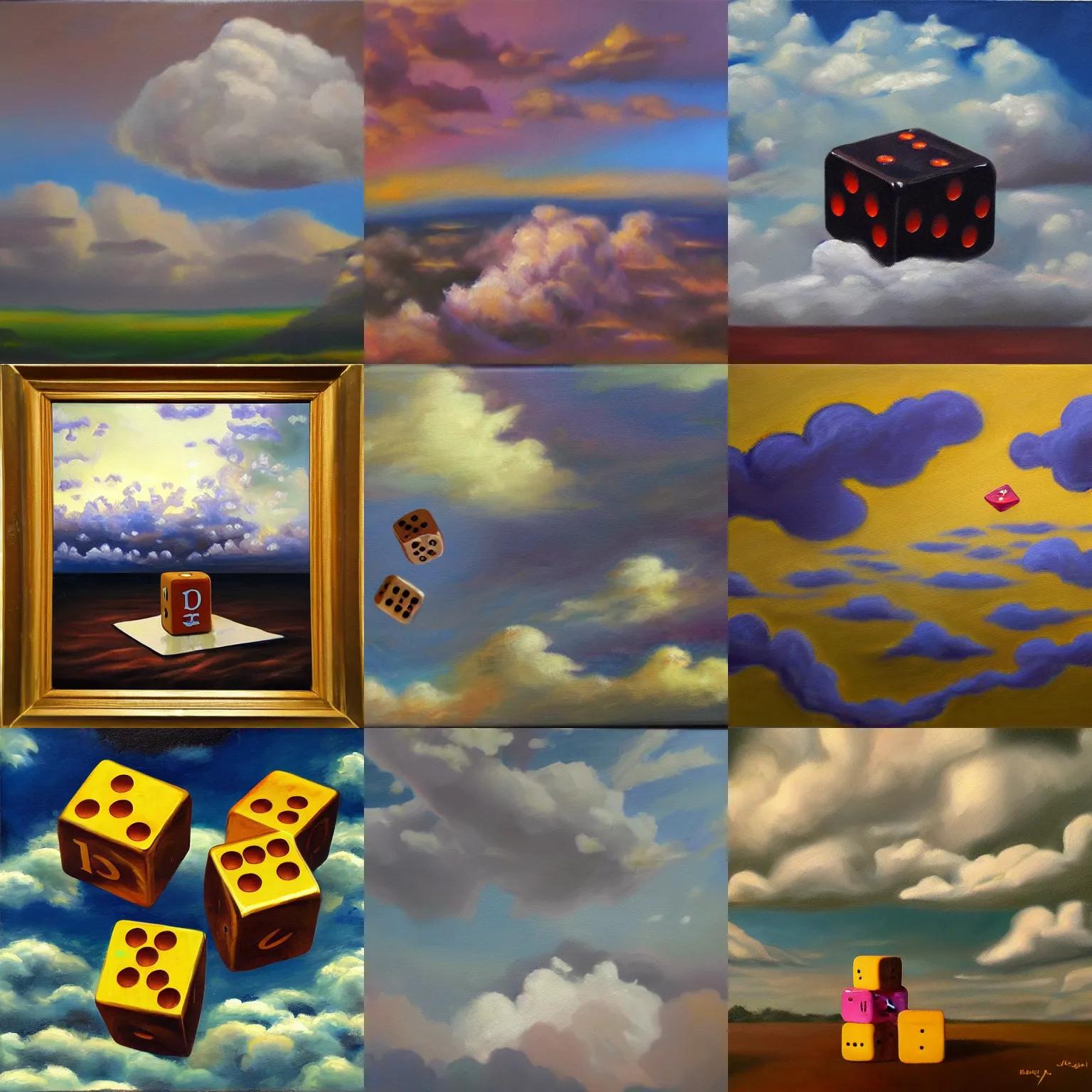 Prompt: holy dice in the clouds, oil painting