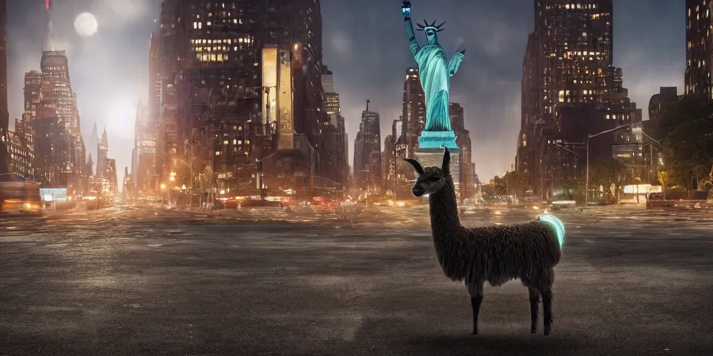 Image similar to a llama walking through a desolate manhattan city street at night, statue of liberty seen in the background, realistic 4 k octane beautifully detailed render, 4 k post - processing, highly detailed, intricate complexity, epic composition, magical atmosphere, cinematic lighting, masterpiece, ultra hd