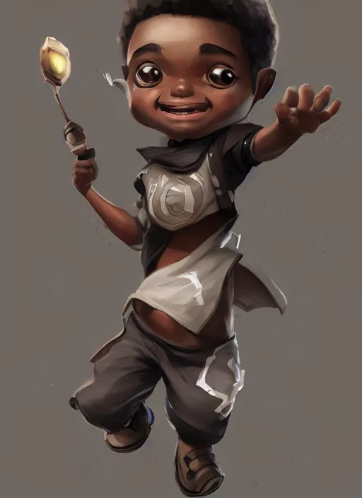 Image similar to a highly detailed illustration of a little black boy with only one leg, cute, highly detailed, centered, digital painting, artstation, concept art, smooth, sharp focus, league of legends concept art, wlop