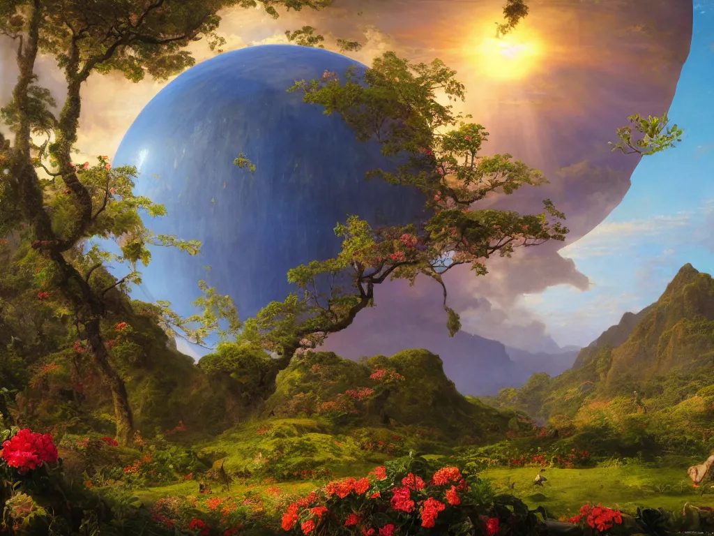 Prompt: kauai springtime, universe is a spheroid region 7 0 5 meters in diameter, sunlight study, by jan davidsz de heem and ( ( ( ( ( lisa frank ) ) ) ) ) and frederic edwin church, art nouveau, oil - painting, 3 d render, 8 k, extreme detail, sharp focus, octane render