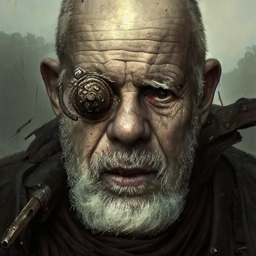 Image similar to portrait painting of a post - apocalyptic older american eyeless man wearing monk garbs with a scrap pauldron, ultra realistic, concept art, intricate details, eerie, highly detailed, photorealistic, octane render, 8 k, unreal engine. art by artgerm and greg rutkowski and charlie bowater and magali villeneuve and alphonse mucha