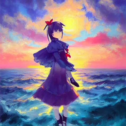 Image similar to Beautiful abstract impressionist painting of Kirisame Marisa from the Touhou project on a cliff looking calmly at the sea at sunset, touhou project official artwork, danbooru, oil painting by Antoine Blanchard, wide strokes, pastel colors, soft lighting sold at an auction