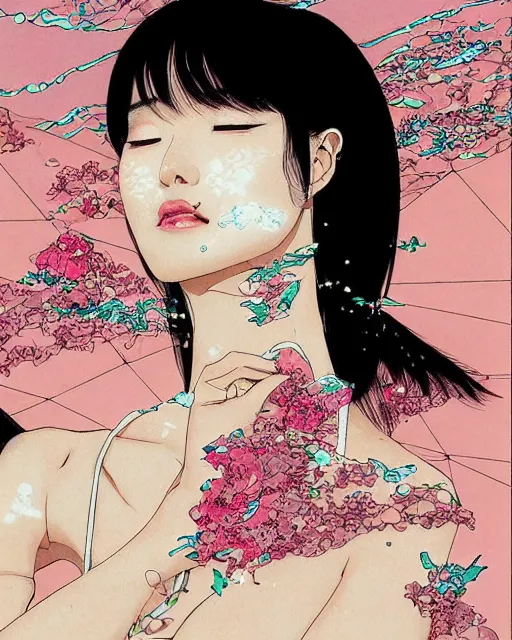 Image similar to lee jin - eun in luxurious dress emerging from pink and turquoise water in egyptian pyramid city during an eclipse by takato yamamoto, nicola samuri, conrad roset, m. k. kaluta, martine johanna, rule of thirds, elegant look, beautiful, chic, face anatomy, cute complexion