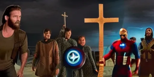 Image similar to jesus christ fighting alongside the avengers, using his cross as weapon, photorealistic, cinematic lighting, extremely detailed, marvel cinematic universe