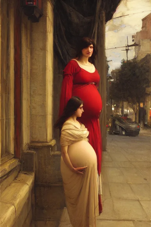 Image similar to pregnant woman under street light by john william waterhouse and Edwin Longsden Long and Theodore Ralli and Nasreddine Dinet, oil on canvas. Cinematic, hyper realism, dramatic lighting, high detail 4k