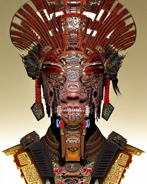 Image similar to portrait of a mayan masculine male cyberpunk jaguar warrior, machine face, upper half portrait, decorated with chinese opera motifs, muscular, asian, fine china, wuxia, traditional chinese art, intricate intense elegant, highly detailed symmetry headpiece digital painting artstation concept art smooth sharp focus illustration, art by moebius and frank miller alphonse mucha 8 k