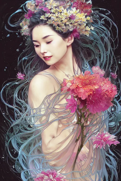 Image similar to portrait of a beautiful woman wearing a yukata, holding a bouquet of flowing flowers, drenched body, silver hair, wet dripping hair, emerging from the water, dark fantasy, regal, fractal crystal, fractal gems, by ross tran, stanley artgerm lau, thomas kindkade, alphonse mucha, loish, norman rockwell