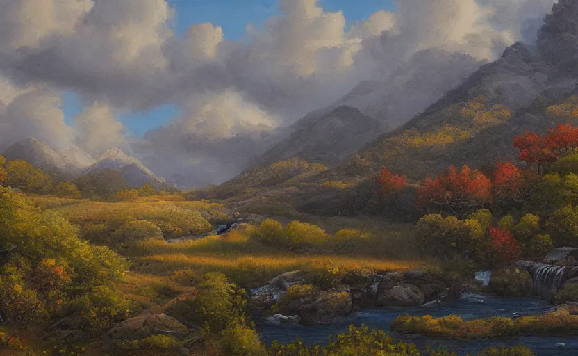 Image similar to highly detailed landscape painting by thomas sanchez, 4k