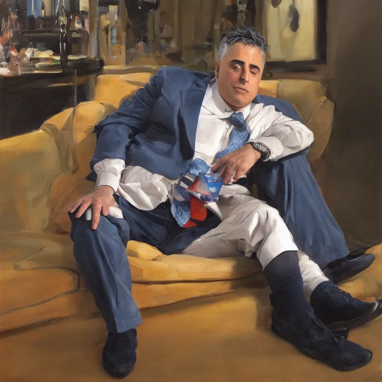 Prompt: hyperrealistic studio portrait of Matt LeBlanc age 85 sitting in a barcalounger, oil painting by Ivan Albright and Edward Hopper and Ron Mueck, trending on artstation hard lighting hyperrealism
