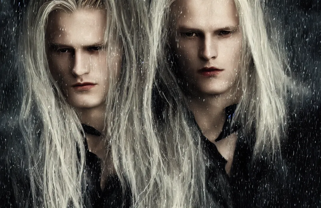 Prompt: a realistic detail portrait of a beautiful johan liebert alucard in middle earth, long blond hair, very very very light pale white skin, beautiful long blond hair, raining, mist, magic, dragon, goth by Julian calle, wlop, greg rutkowski, Finnian MacManus, Trending on artstation, black and yellow scheme, 8k, RE Engine