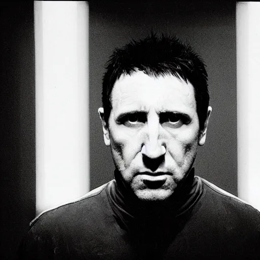 Prompt: Trent Reznor glaring at you, cctv footage, red glowing eyes