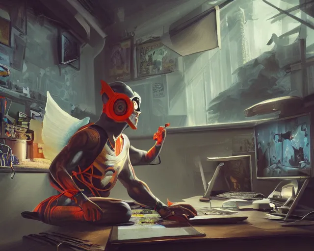 Image similar to an insanely detailed painting of an asian man wearing a homemade superhero costume, sitting at a desk, staring at the nervously at the computer and typing, in the style of peter mohrbacher, dramatic lighting and composition, surreal background, octane render, pixar, trending on artstation, concept art, comic book, view from behind