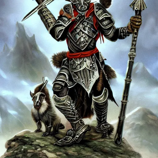 Image similar to Badger warrior army wearing armor fantasy character art soldiers Badgers killing treacherous weasels