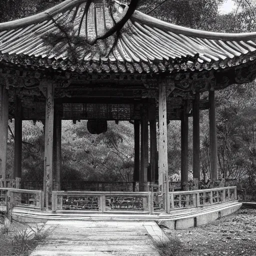 Prompt: old pavilion in the forest, by lang jingshan,