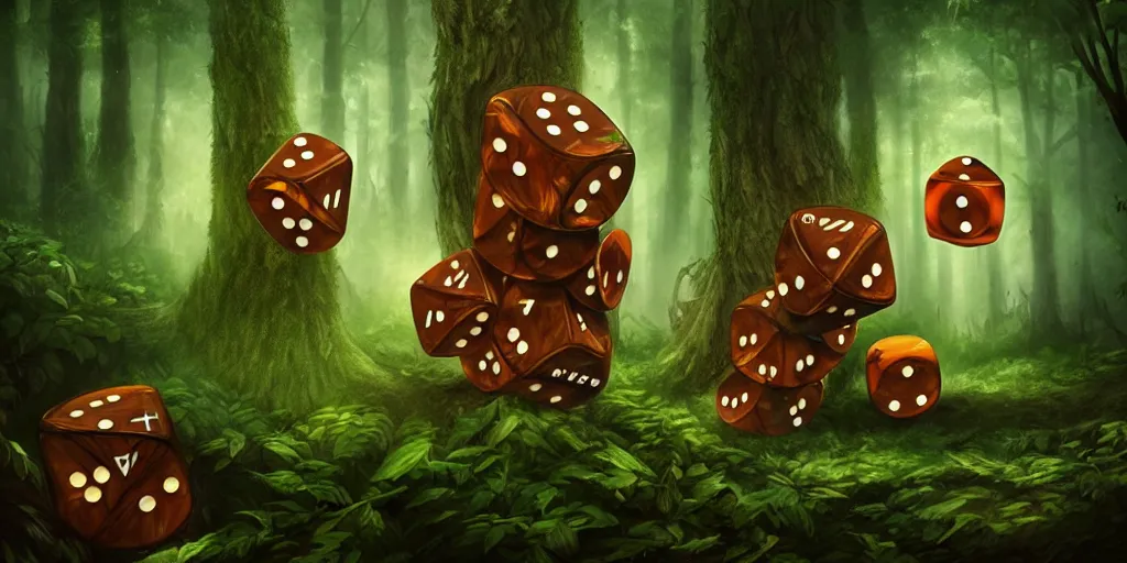 Image similar to anthropomorphic tree - creatures rolling cube dice in the forest, glowing energy, fantasy magic, by willian murai and jason chan and marco bucci, hyper detailed and realistic, illustration, sharp focus, cinematic, rule of thirds, forestpunk