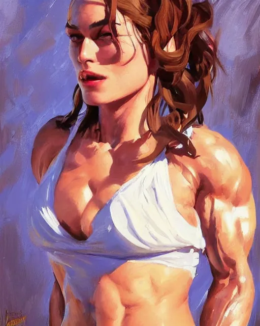 Image similar to greg manchess portrait painting of keira knightley as beautiful thick female bodybuilder zarya from overwatch, medium shot, asymmetrical, profile picture, organic painting, sunny day, matte painting, bold shapes, hard edges, street art, trending on artstation, by huang guangjian and gil elvgren and sachin teng