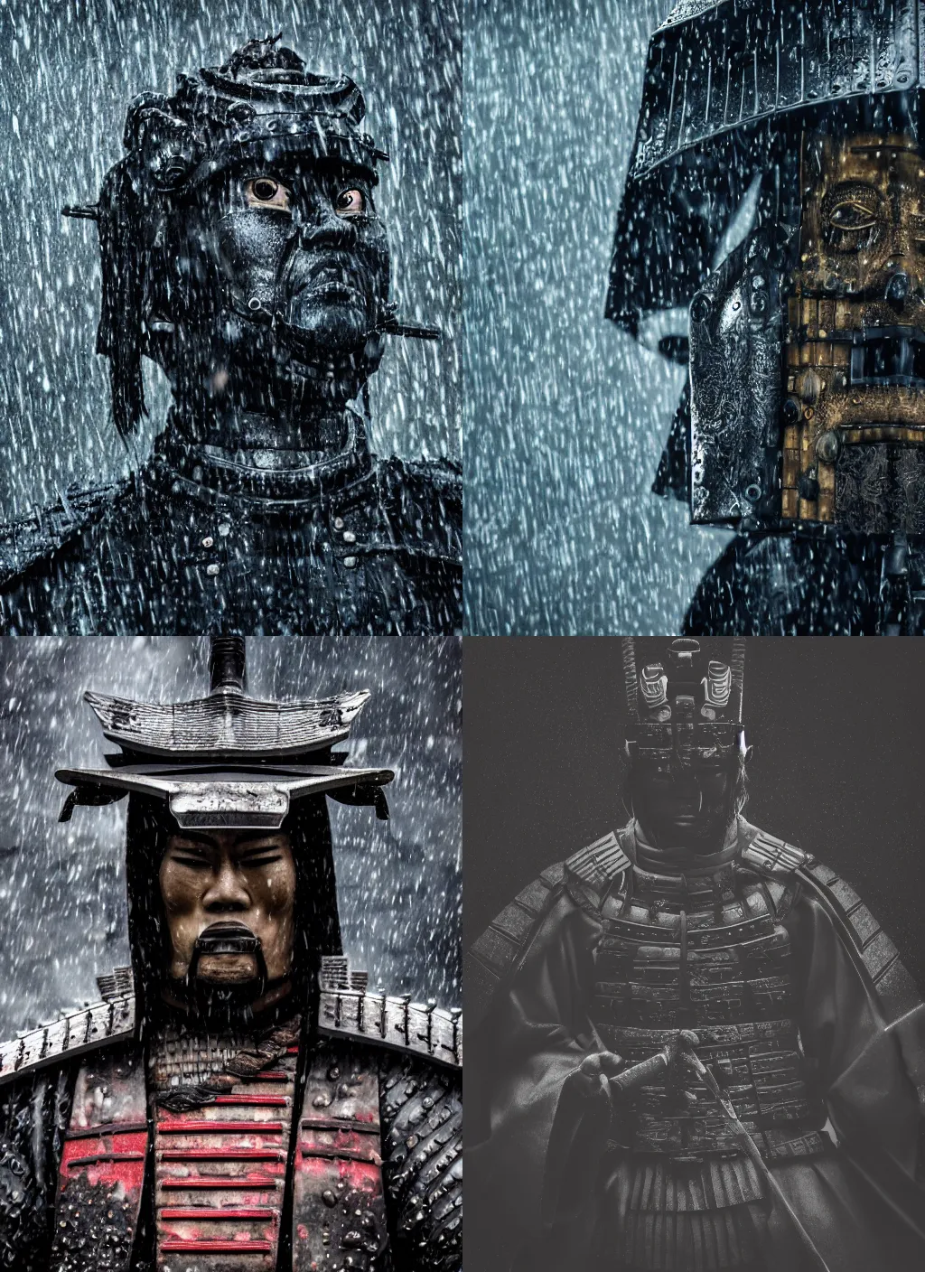 Prompt: close - up frontal shot of a samurai made of architectural elements, rainy background, futuristic and dark atmosphere, technology and post - human mood, hyper - detailed, ultra - realistic universe, 8 k, post - production, photo real ultra high detail, cinematic lighting, apocalyptic world