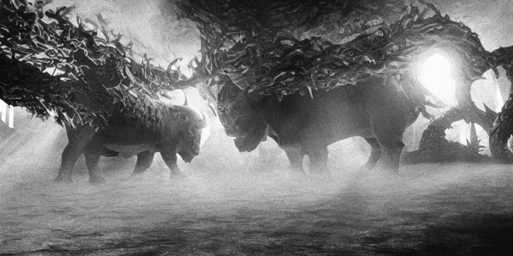 Image similar to light coming out of one bull - like kaiju starfish monster, korean film noir, korean traditional palace, pyongyang city, 1 9 6 0 s, red color bleed, 4 k, video compression, video glitch, monochrome, akira kurosawa, mamoru oshii, wes anderson, stanley kubrick